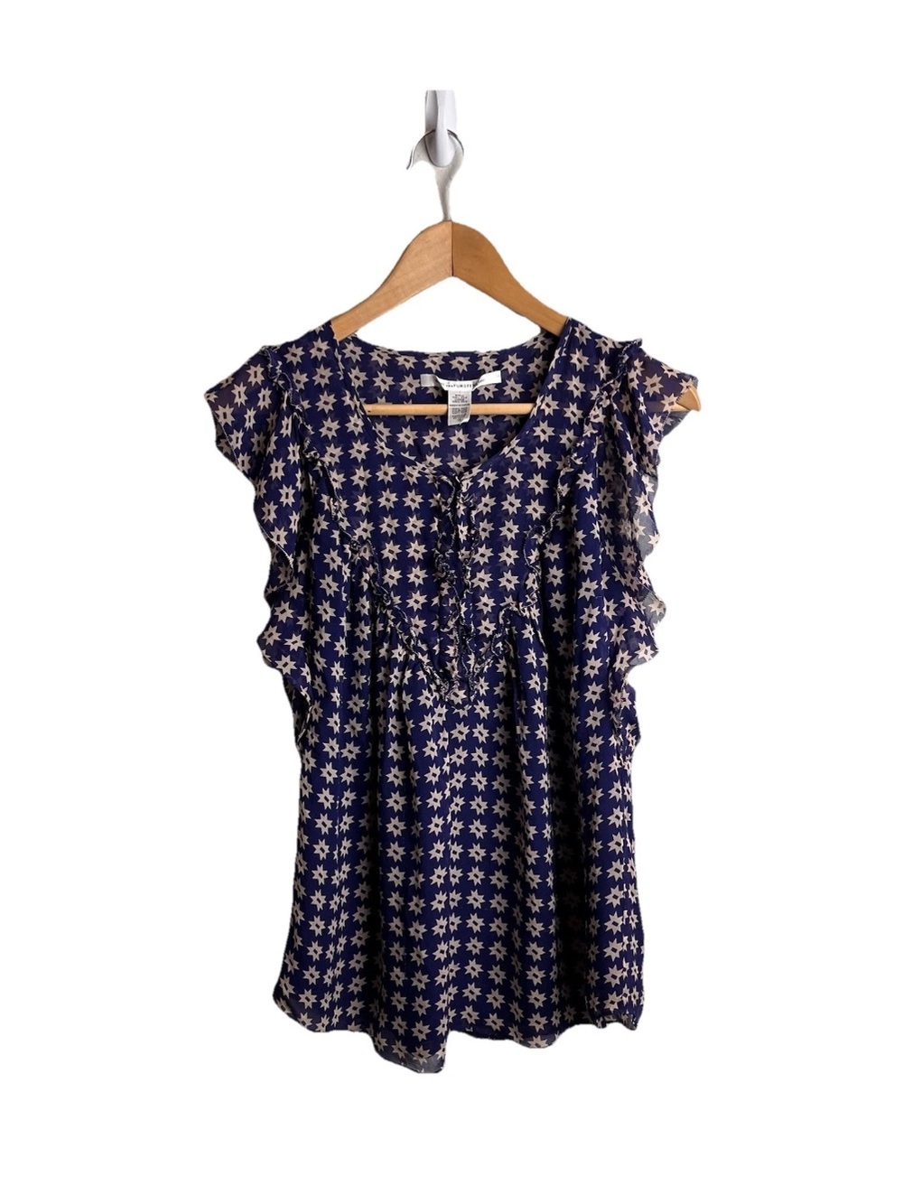 Diane Von Furstenberg Top Navy Blue Star Silk Blouse 10 Ruffle Libellulu Women
